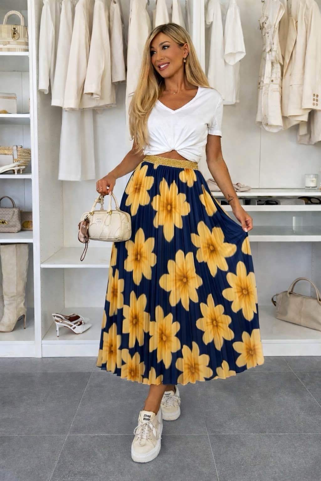 Jupe Plissé Satiné Imprimé Bande Dorée Taille Élastique taille unique (36/42)