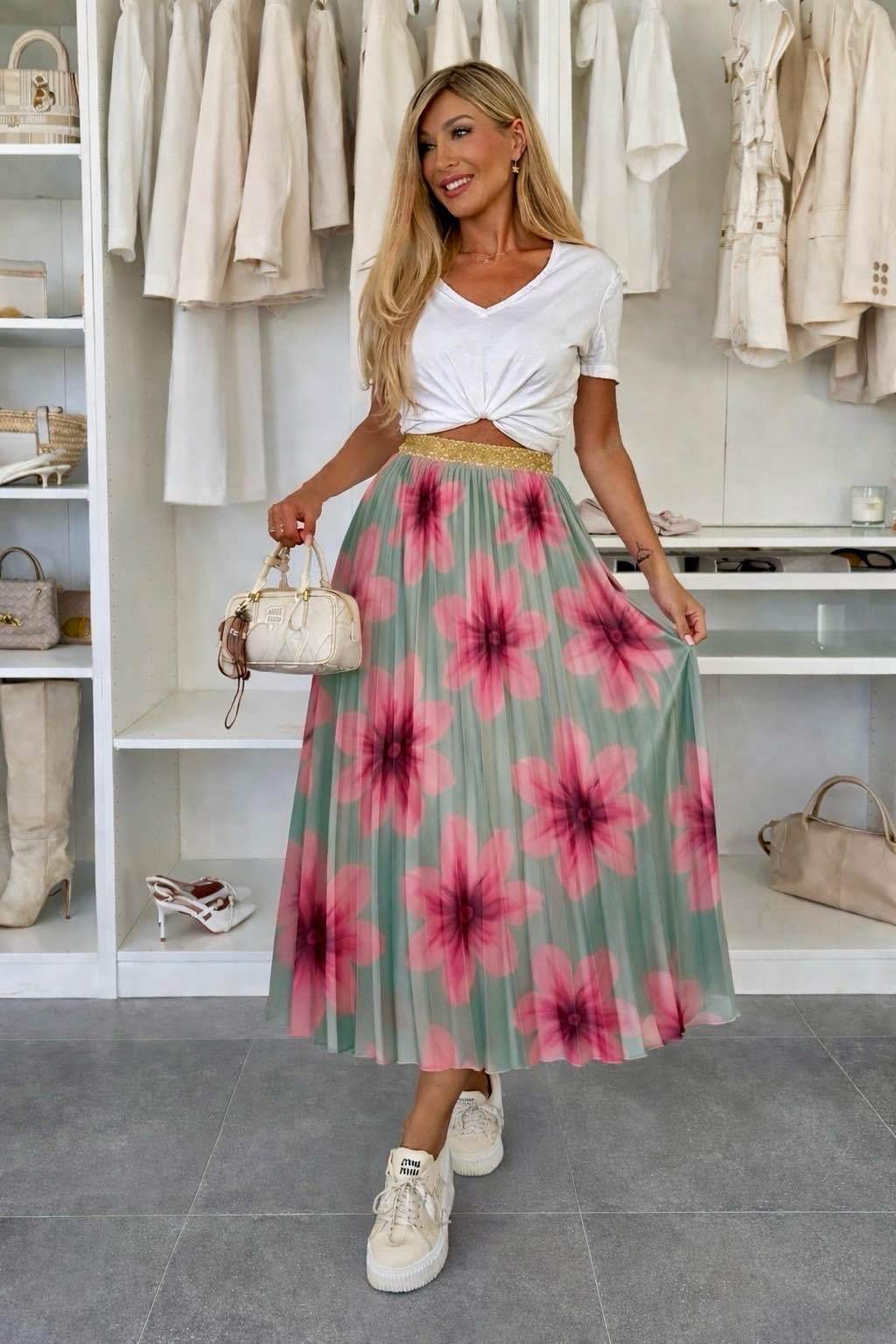 Jupe Plissé Satiné Imprimé Bande Dorée Taille Élastique taille unique (36/42)