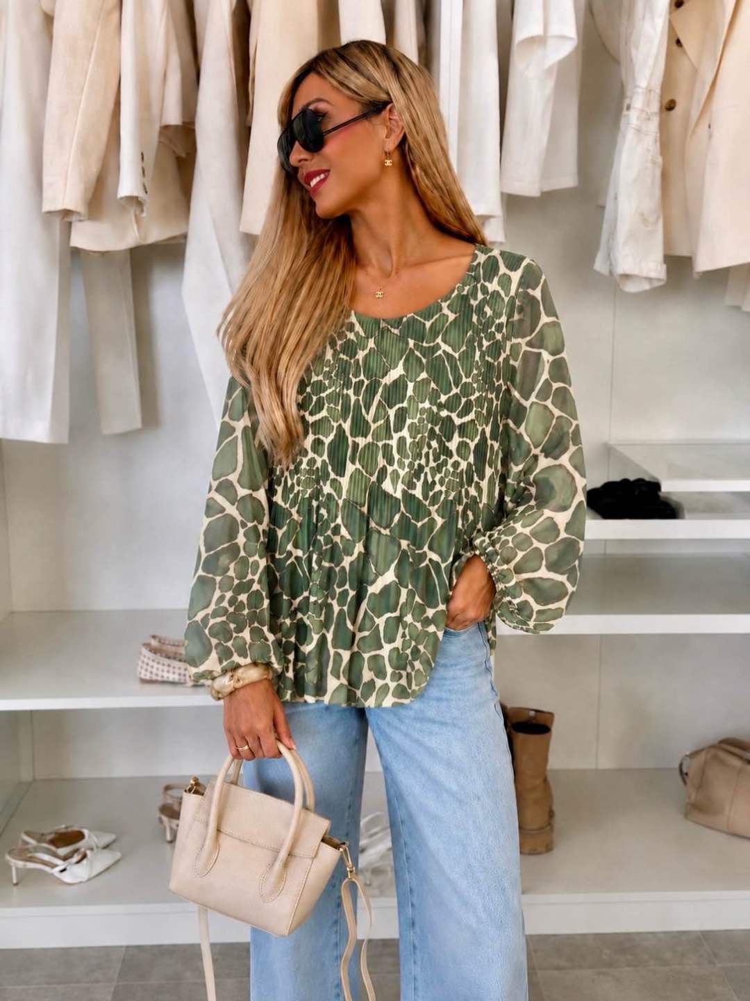 Blouse plissée oversize imprimée   – Fluide & élégante Doublure Viscose
