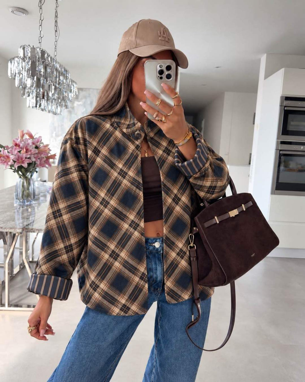 Veste  en velours à carreaux et revers rayés