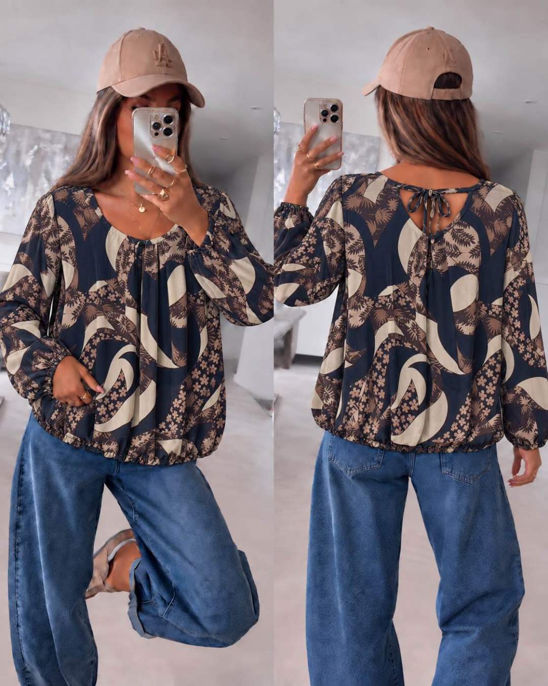 Blouse fluide imprimée à bas élastiqué  et dos noué Doublure Viscose taille (36/42)taille unique