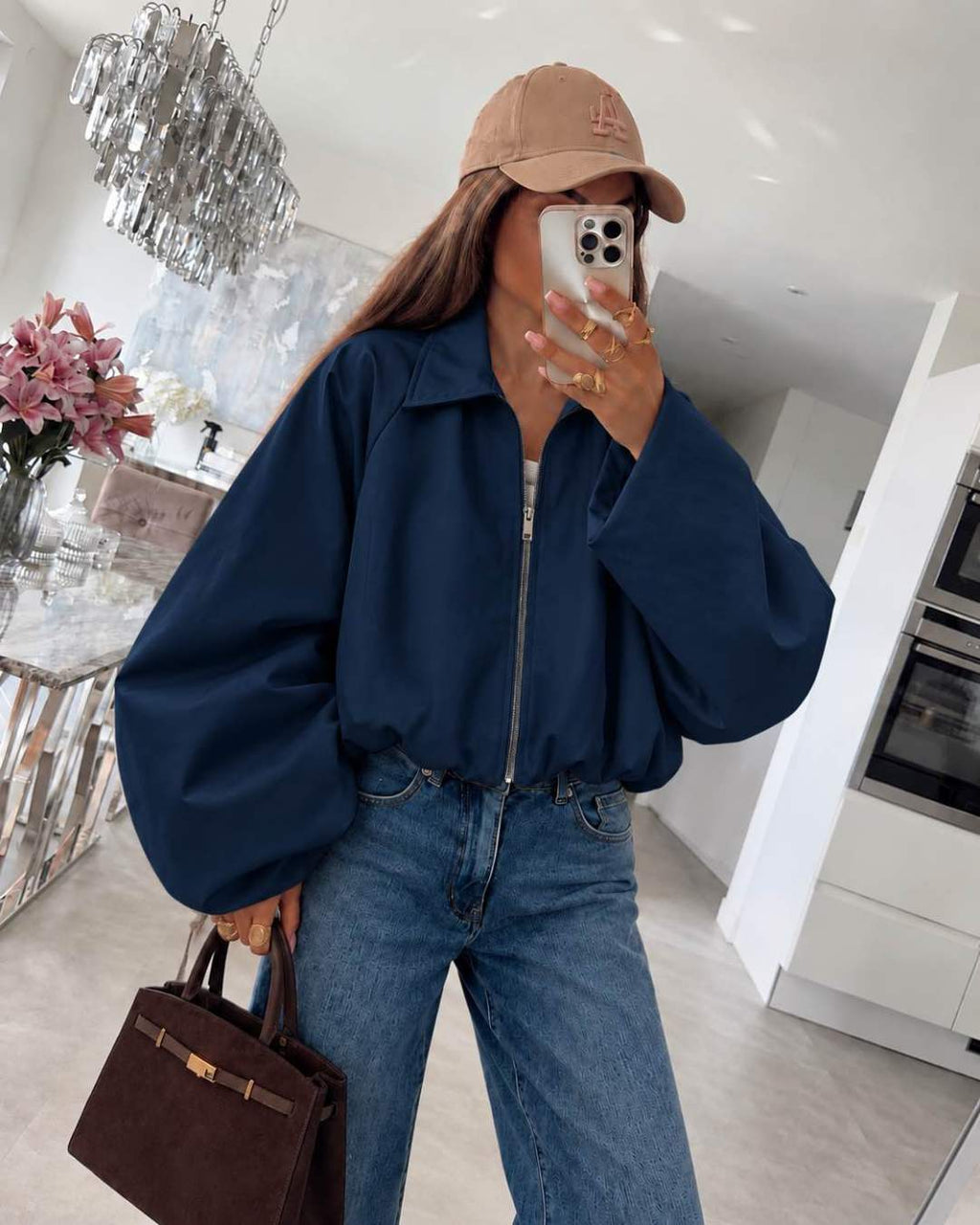 Veste courte zippée à manches ballon volumineuses