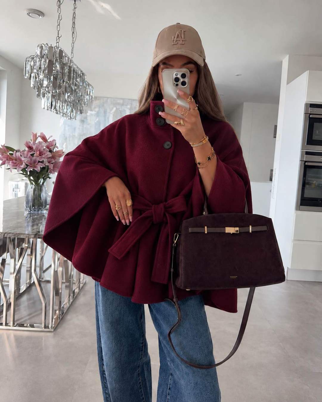 Poncho cape ample à col montant boutonné et ceinture à nouer
