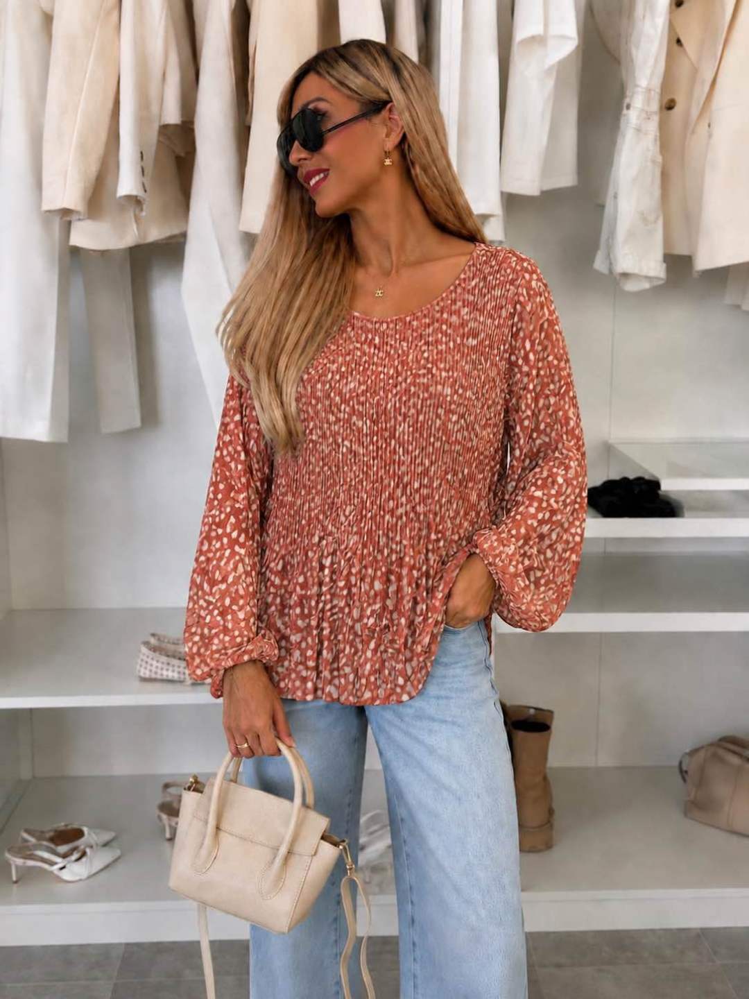 Blouse plissée oversize imprimée Biche  – Fluide & élégante Doublure Viscose