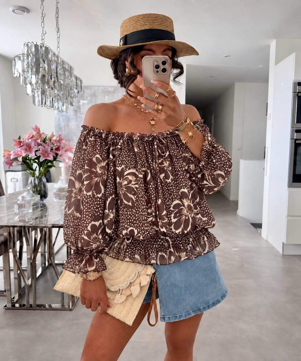 Blouse Épaules Dénudées Imprimé Doublure Viscose Élastique