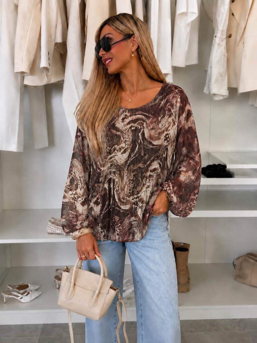Blouse plissée oversize imprimée   – Fluide & élégante Doublure Viscose