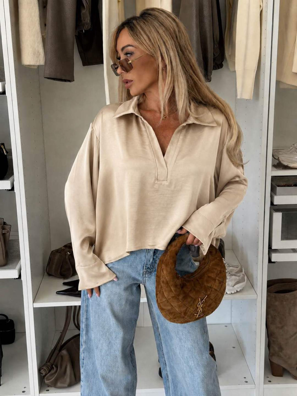Blouse Col Chemise Effet Satiné Soie Fluide