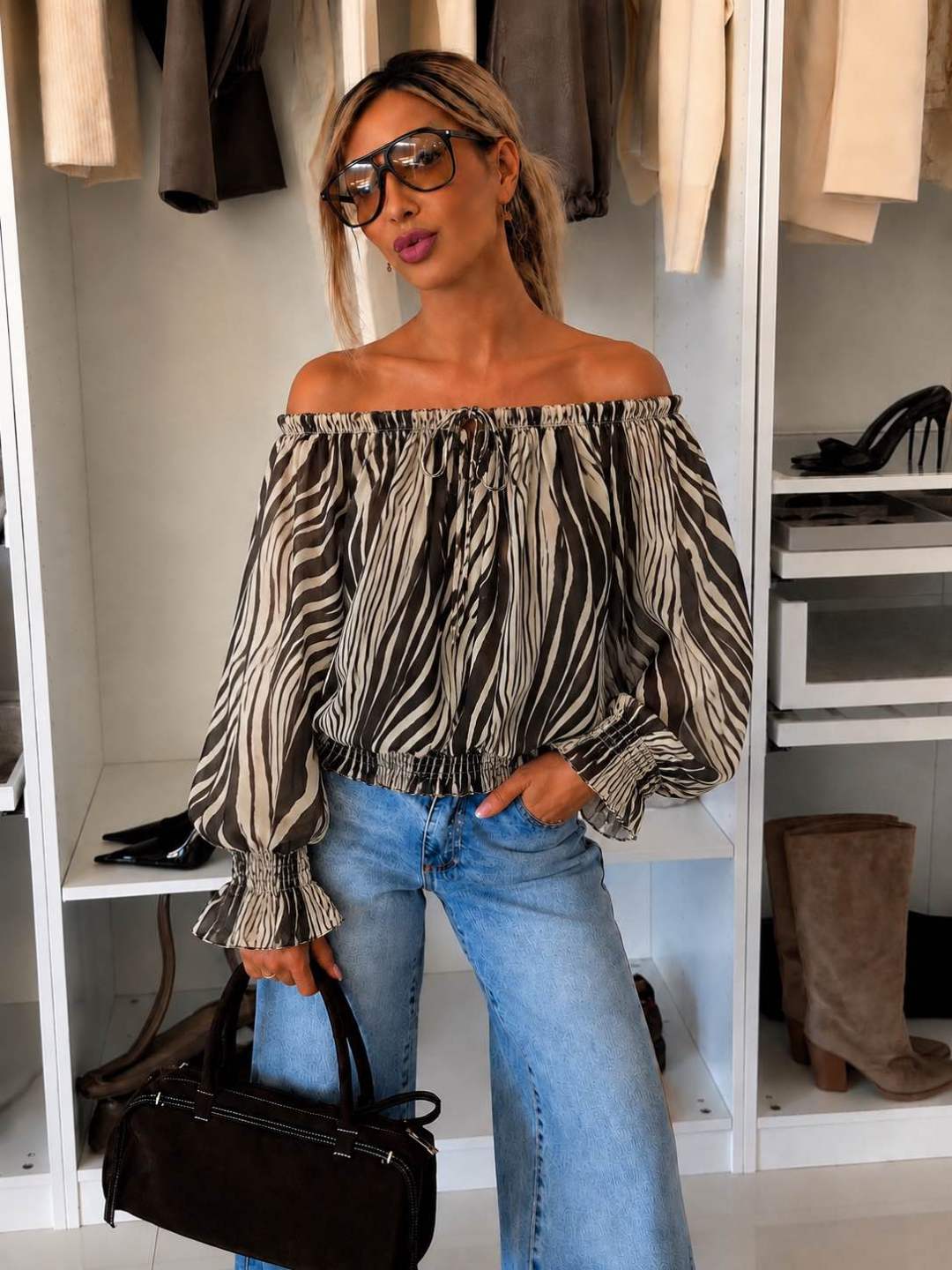 Blouse Épaules Dénudées Imprimé Doublure Viscose Élastique