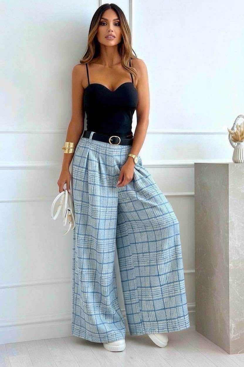 Pantalon magique  fluide à carreaux  du 36 au 50(taille unique) avec ceinture 95% POLYESTER 5% ELASTHANE plusieurs coloris