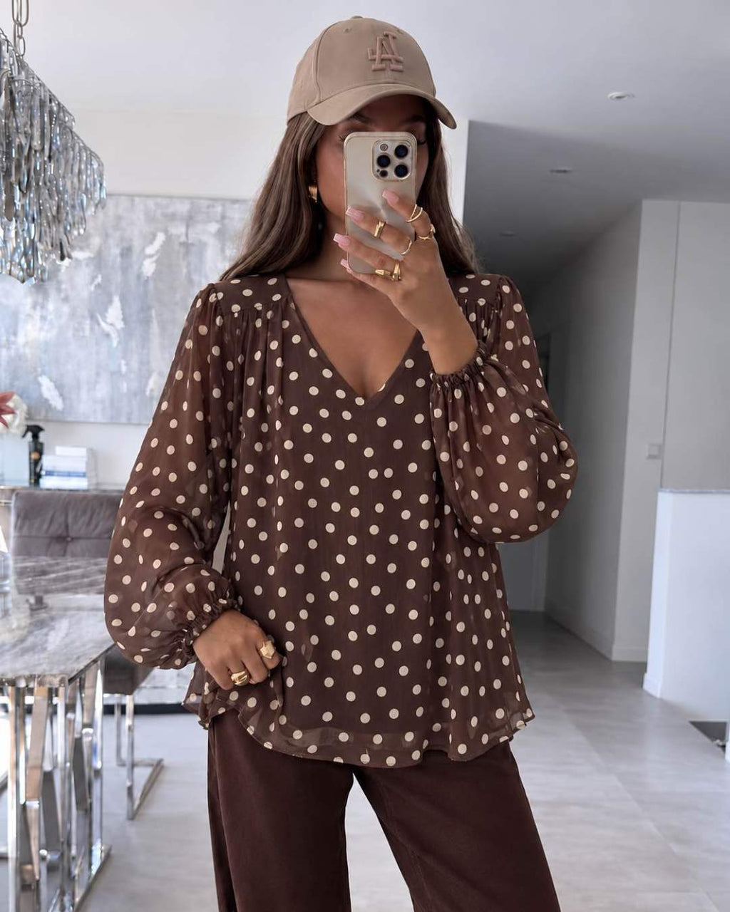 Blouse Col V – Imprimé Pois Doublure Viscose