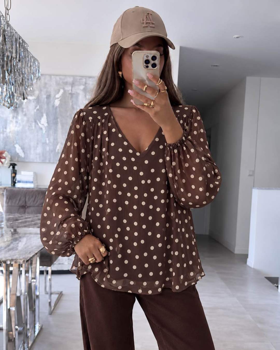 Blouse Col V – Imprimé Pois Doublure Viscose