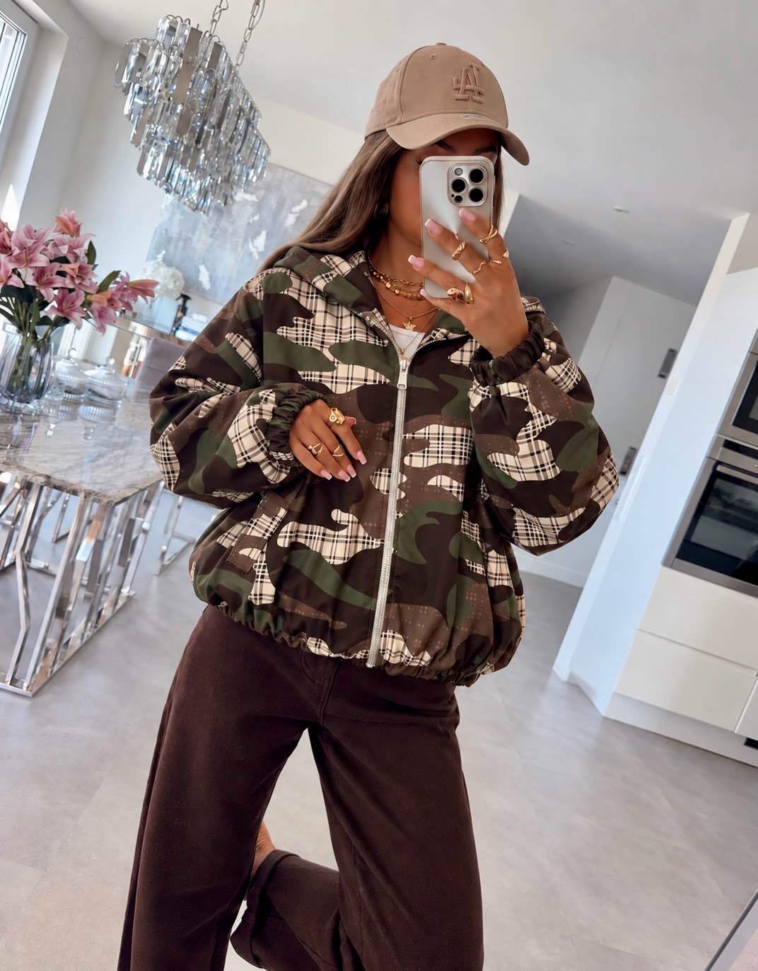 Veste à capuche zippée, imprimé camouflage et carreaux, bas élastiqué