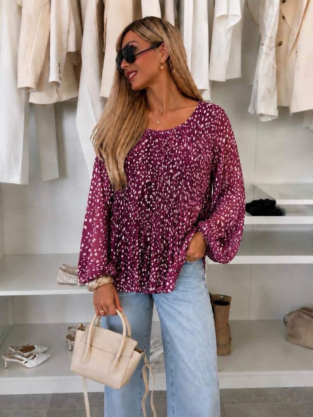 Blouse plissée oversize imprimée Biche  – Fluide & élégante Doublure Viscose
