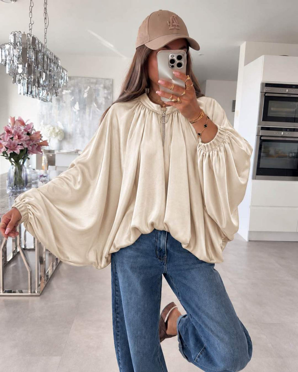 Veste Bomber Oversize Manches Chauve-Souris Ultra Amples Resserré En Bas Avec Élastique