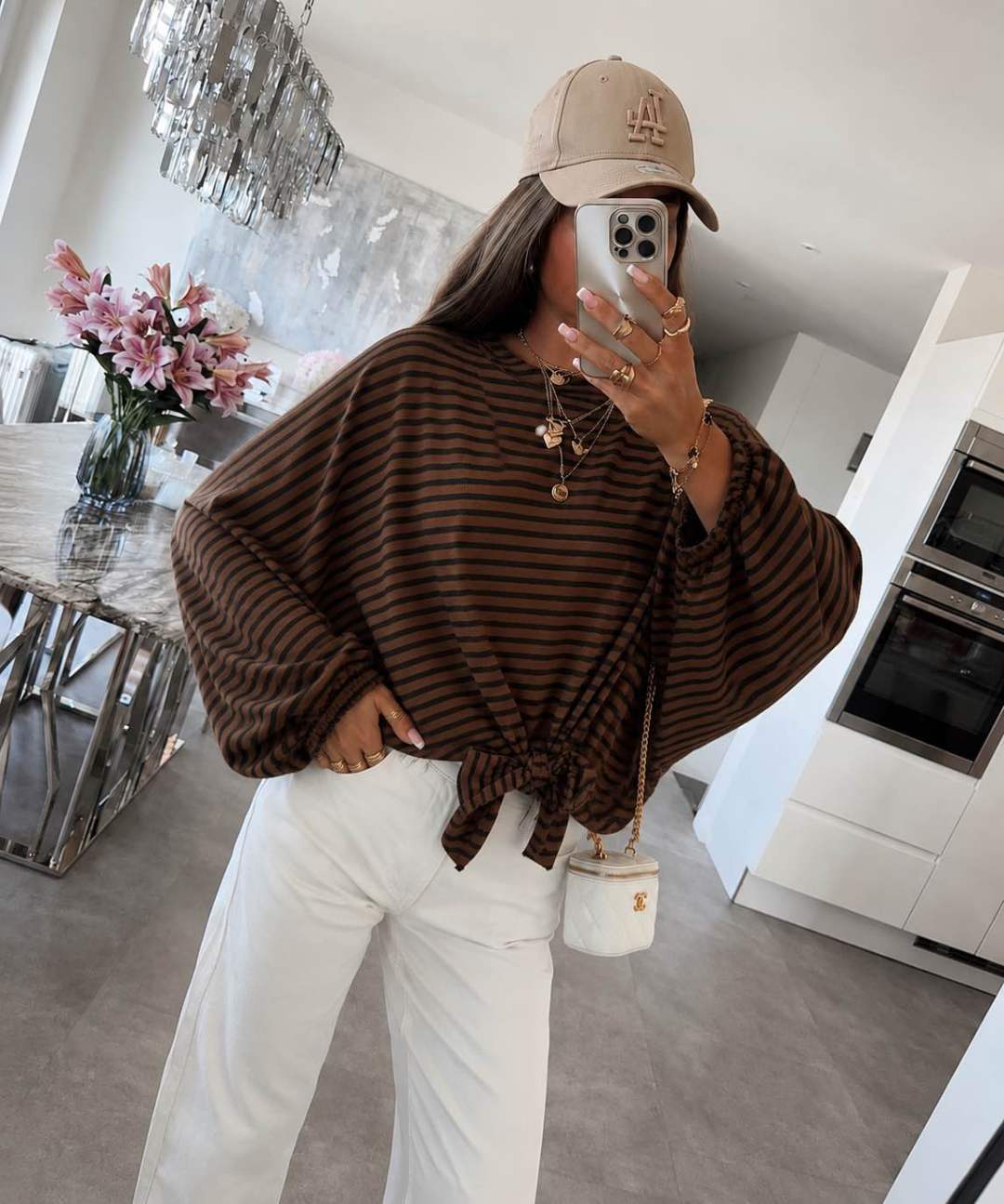 Blouse Rayée Oversize Manches Chauve-Souris à Nouer