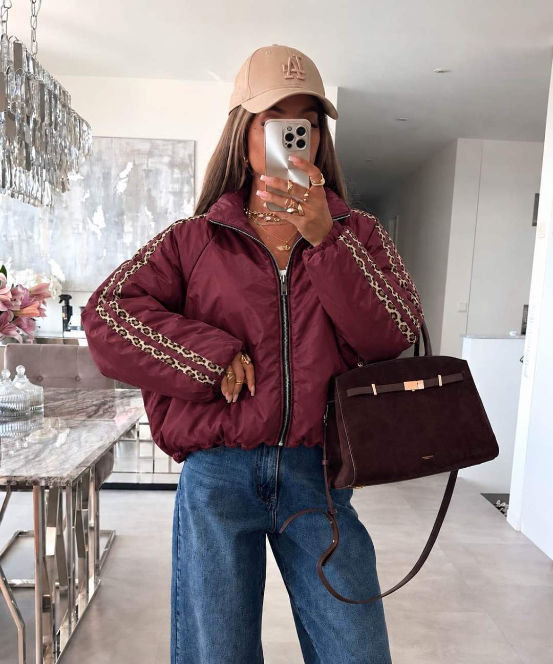 Veste bomber zippée à manches ballon et bandes léopard