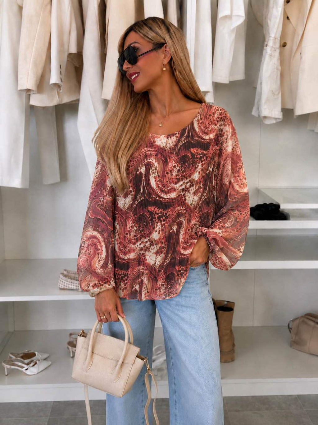 Blouse plissée oversize imprimée   – Fluide & élégante Doublure Viscose