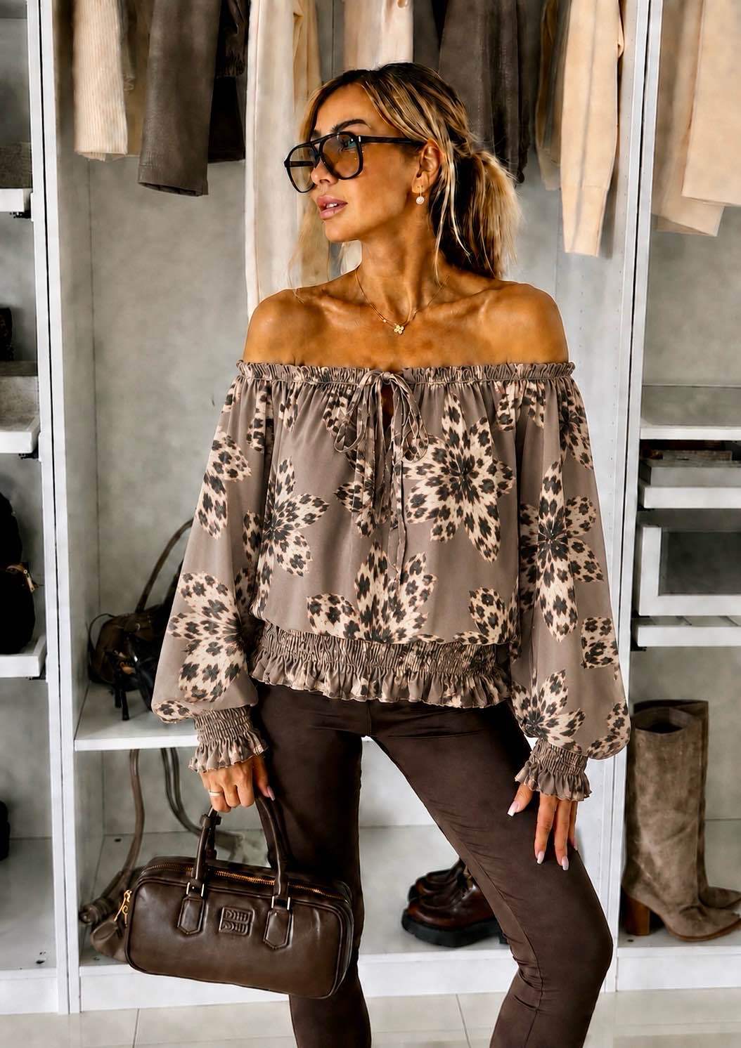 Blouse Épaules Dénudées Imprimé Doublure Viscose Élastique