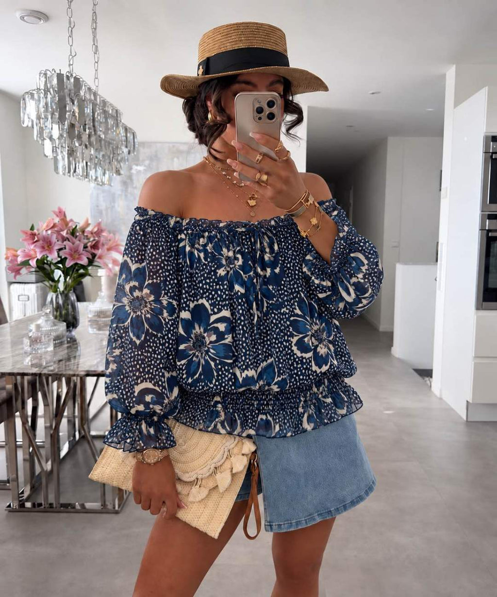 Blouse Épaules Dénudées Imprimé Doublure Viscose Élastique