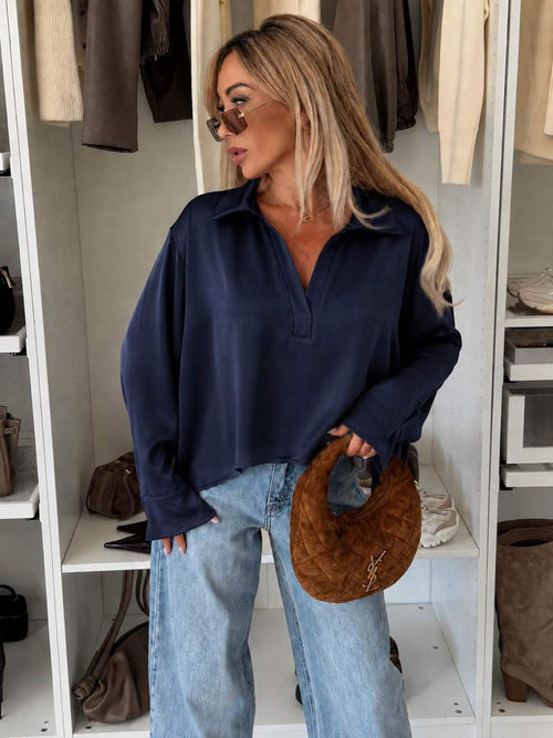 Blouse Col Chemise Effet Satiné Soie Fluide