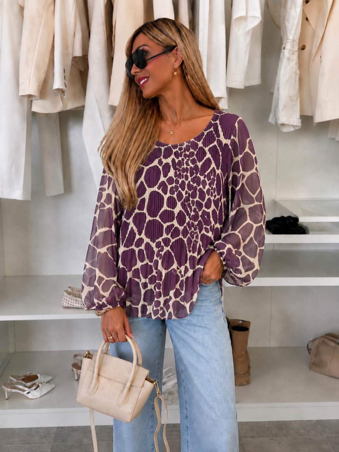 Blouse plissée oversize imprimée   – Fluide & élégante Doublure Viscose