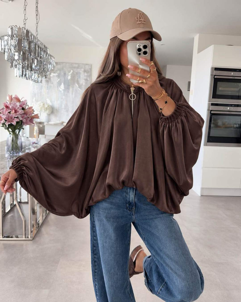 Veste Bomber Oversize Manches Chauve-Souris Ultra Amples Resserré En Bas Avec Élastique