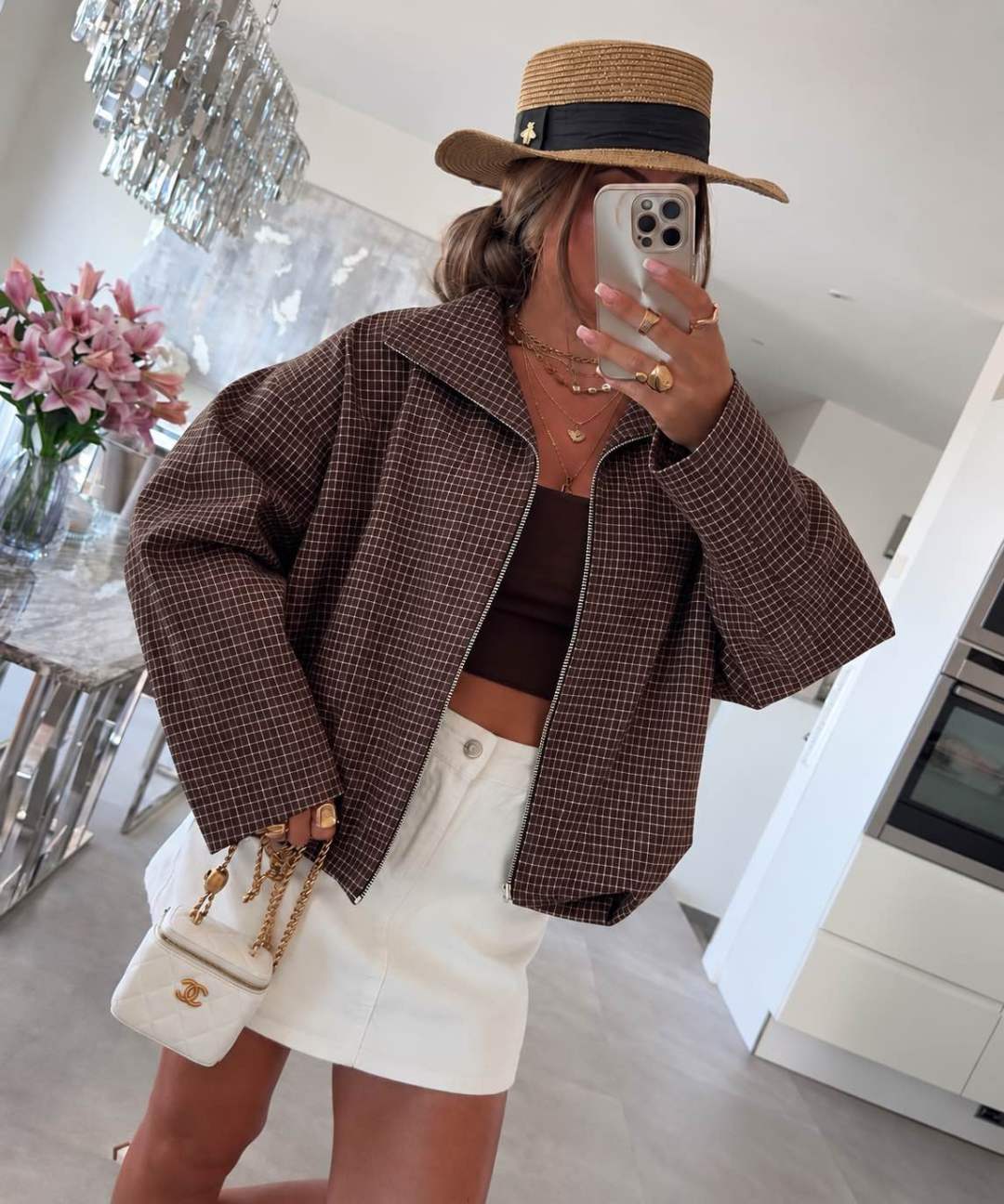 Veste Carreaux  zippée  Col Montant – Manches larges Avec Poches