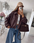 Veste bomber oversize en similicuir à col chemise et bas élastiqué