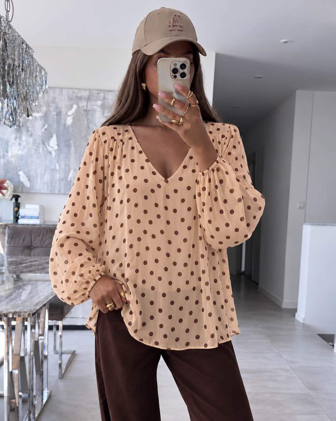 Blouse Col V – Imprimé Pois Doublure Viscose