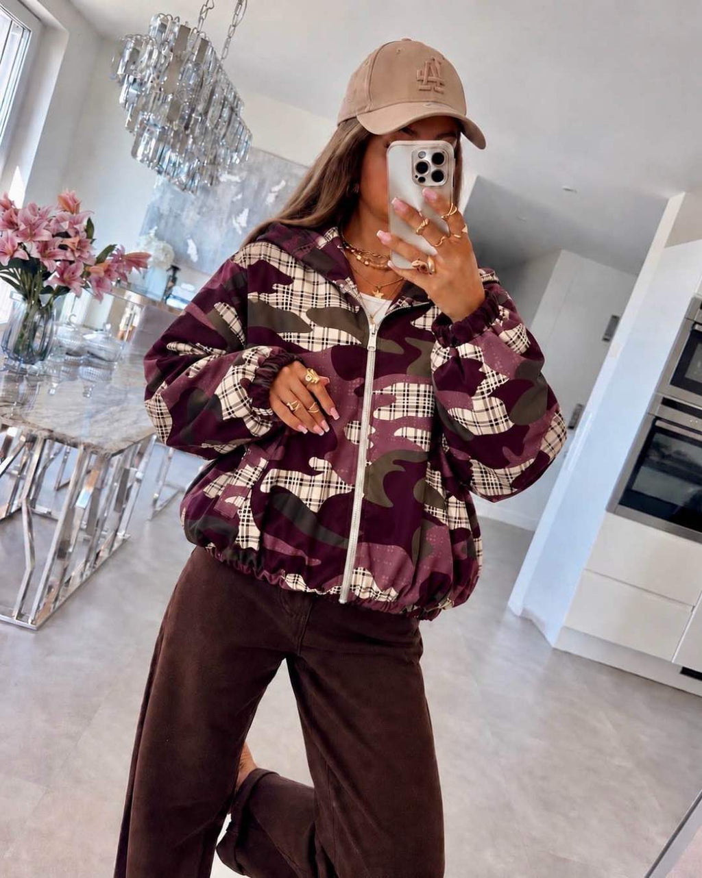 Veste à capuche zippée, imprimé camouflage et carreaux, bas élastiqué