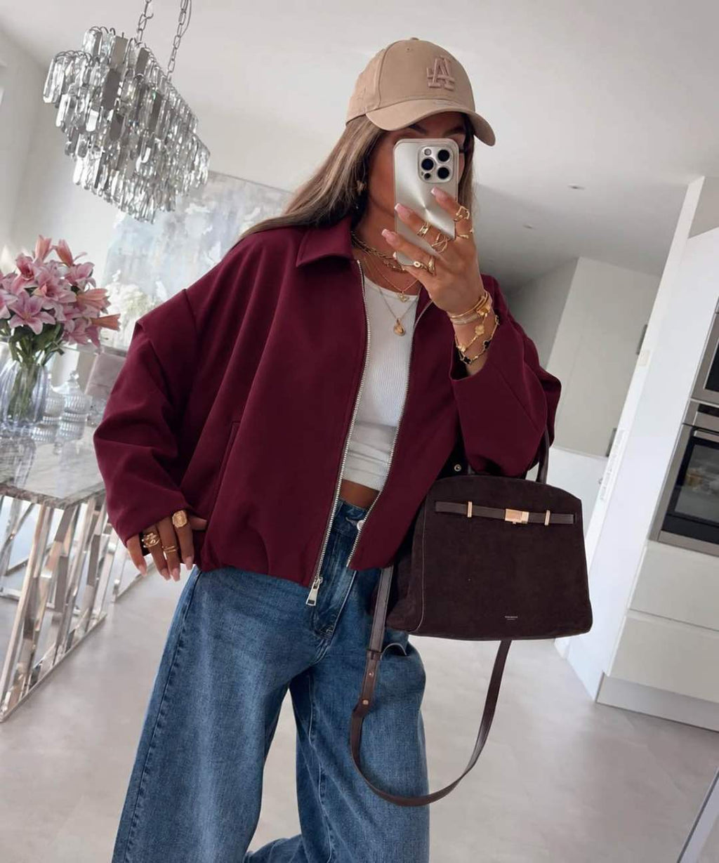 Veste courte zippée col chemise à bas élastiqué effet ballon