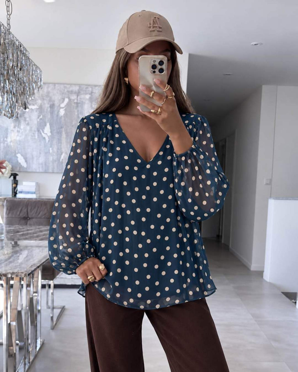 Blouse Col V – Imprimé Pois Doublure Viscose