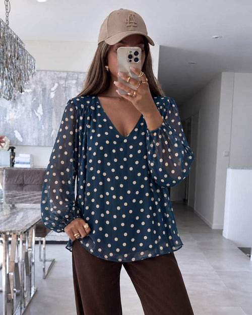 Blouse Col V – Imprimé Pois Doublure Viscose