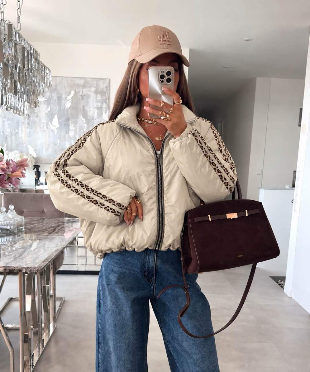 Veste bomber zippée à manches ballon et bandes léopard