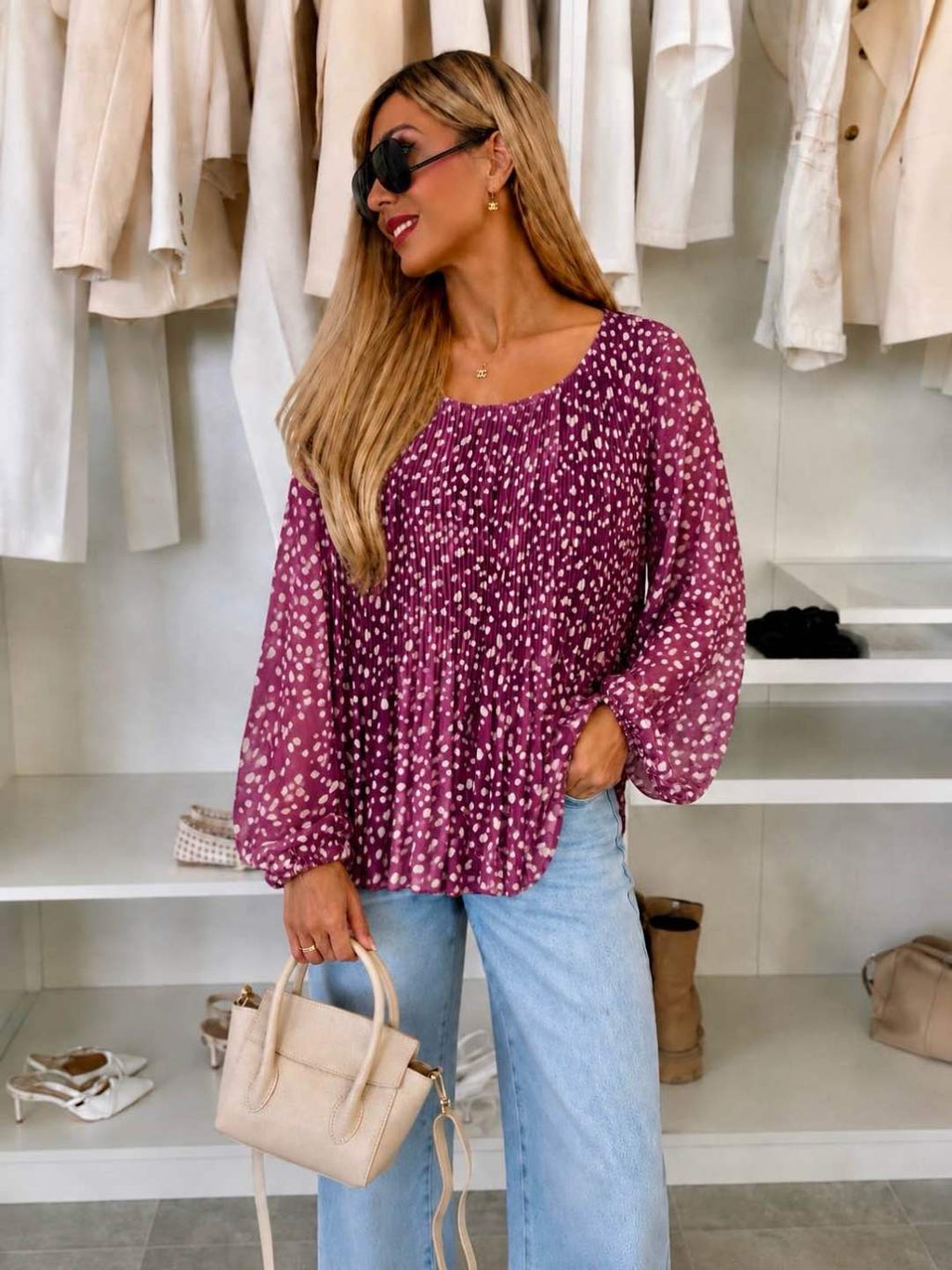 Blouse plissée oversize imprimée Biche  – Fluide & élégante Doublure Viscose