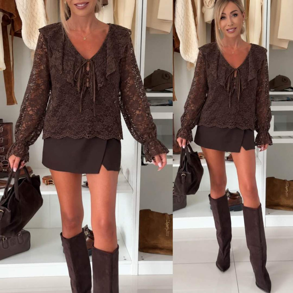 Blouse col volantée noeud en Dentelle