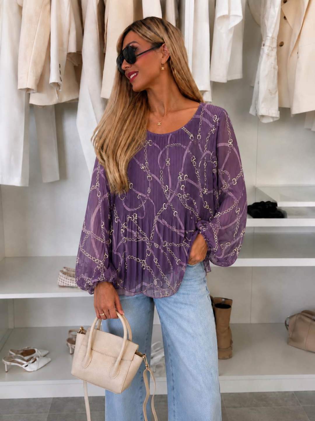 Blouse plissée oversize imprimée   – Fluide & élégante Doublure Viscose