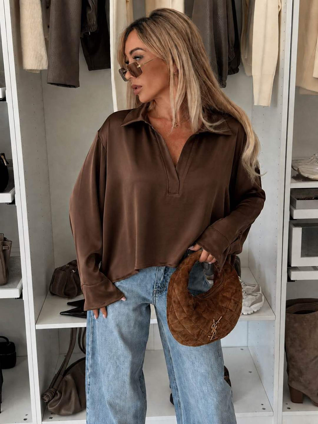 Blouse Col Chemise Effet Satiné Soie Fluide