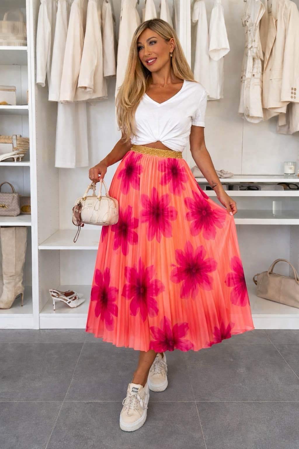 Jupe Plissé Satiné Imprimé Bande Dorée Taille Élastique taille unique (36/42)