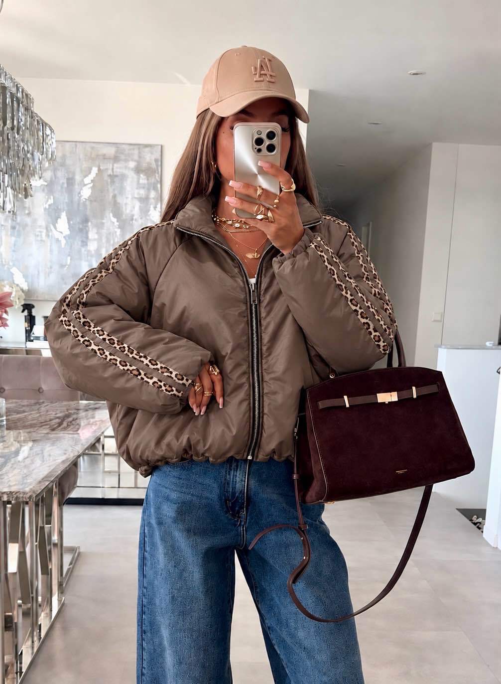 Veste bomber zippée à manches ballon et bandes léopard