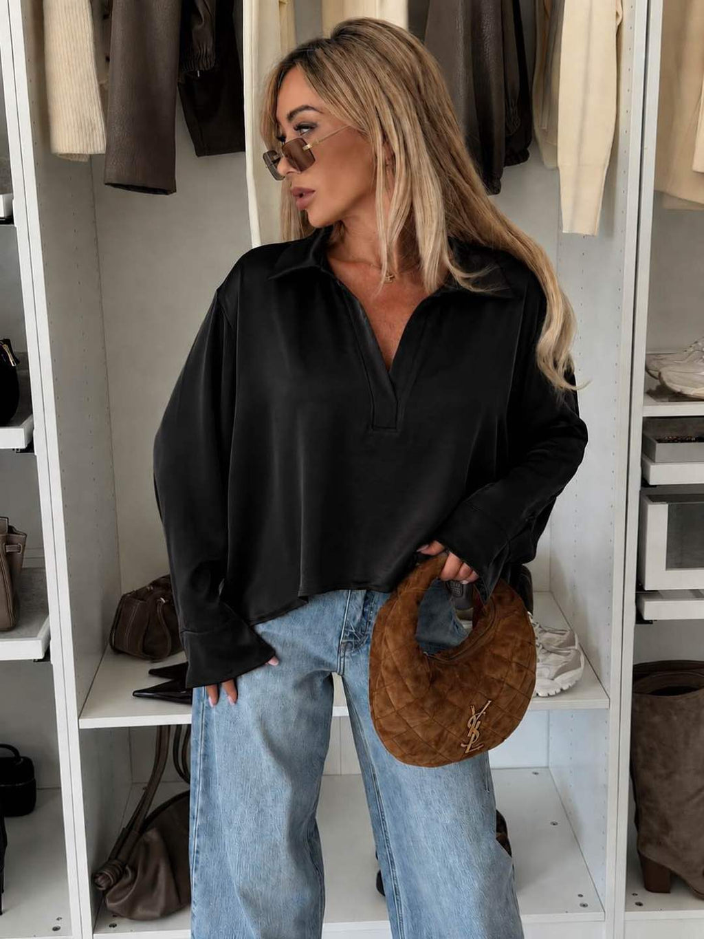 Blouse Col Chemise Effet Satiné Soie Fluide