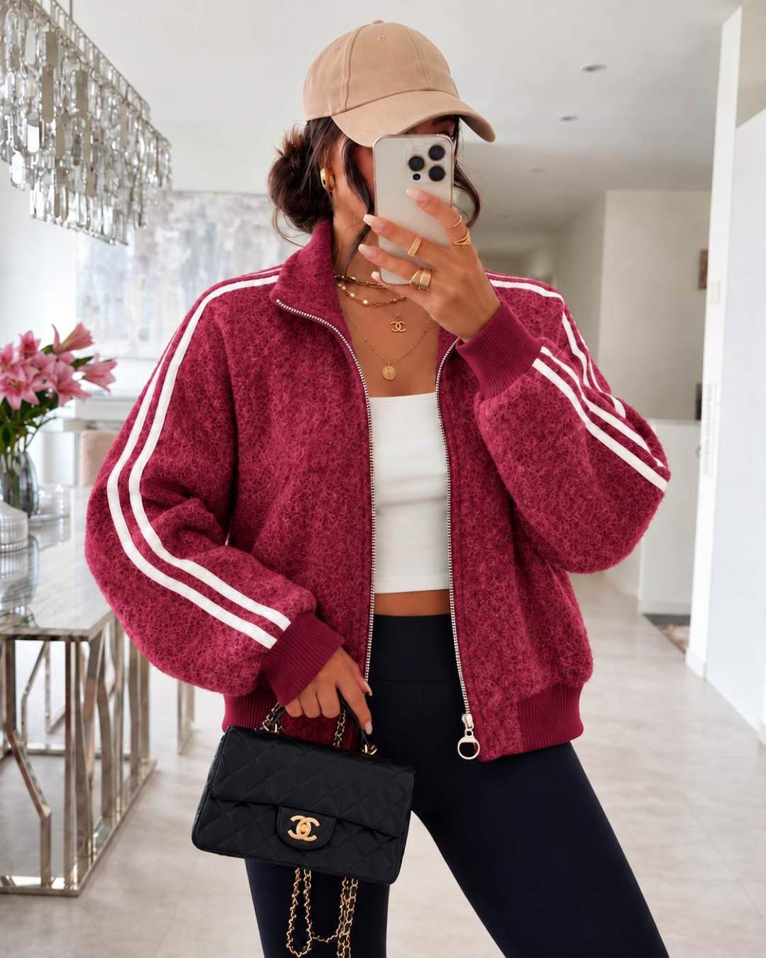 Veste zippée effet duveteux à bandes contrastantes sur les manches