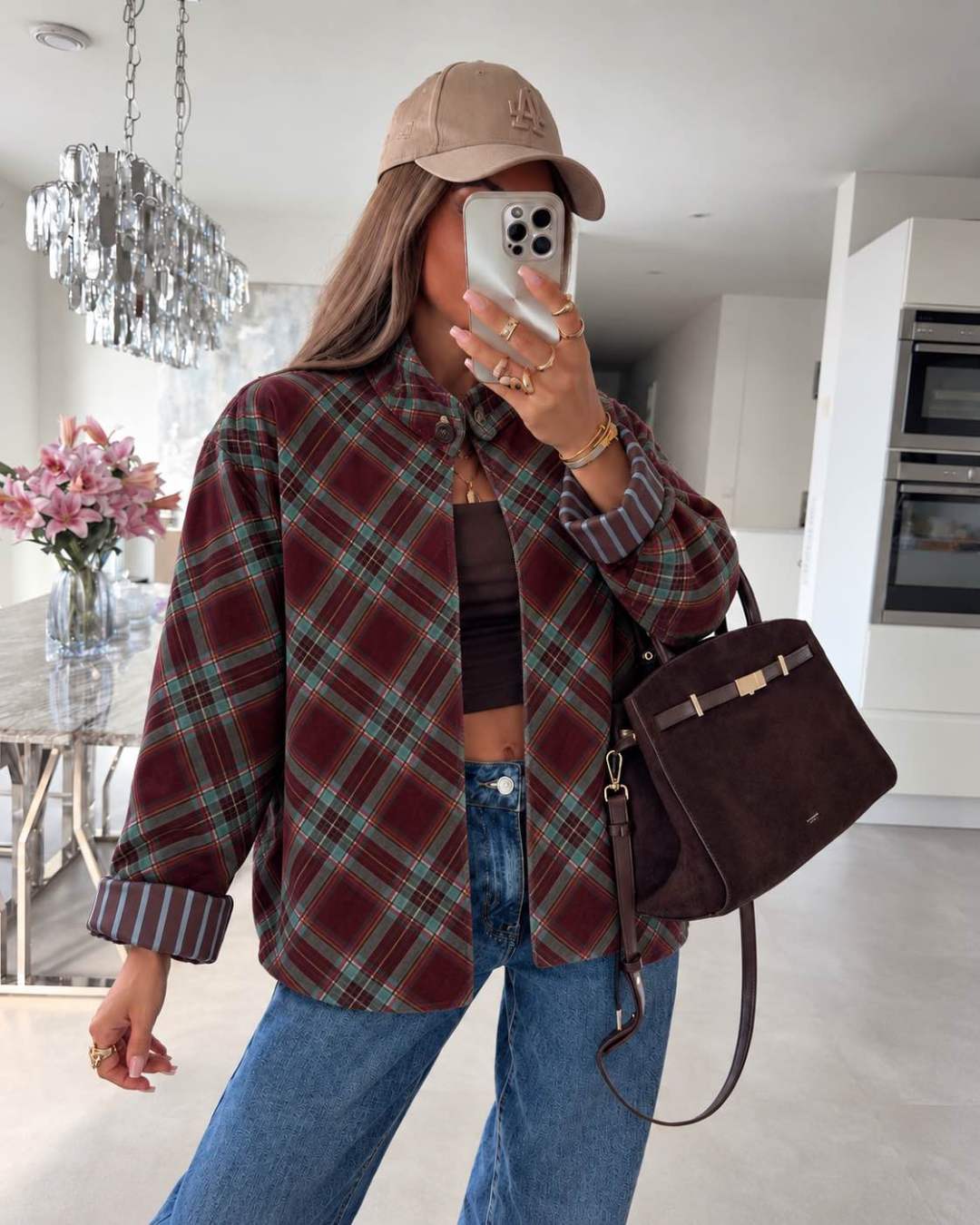Veste  en velours à carreaux et revers rayés