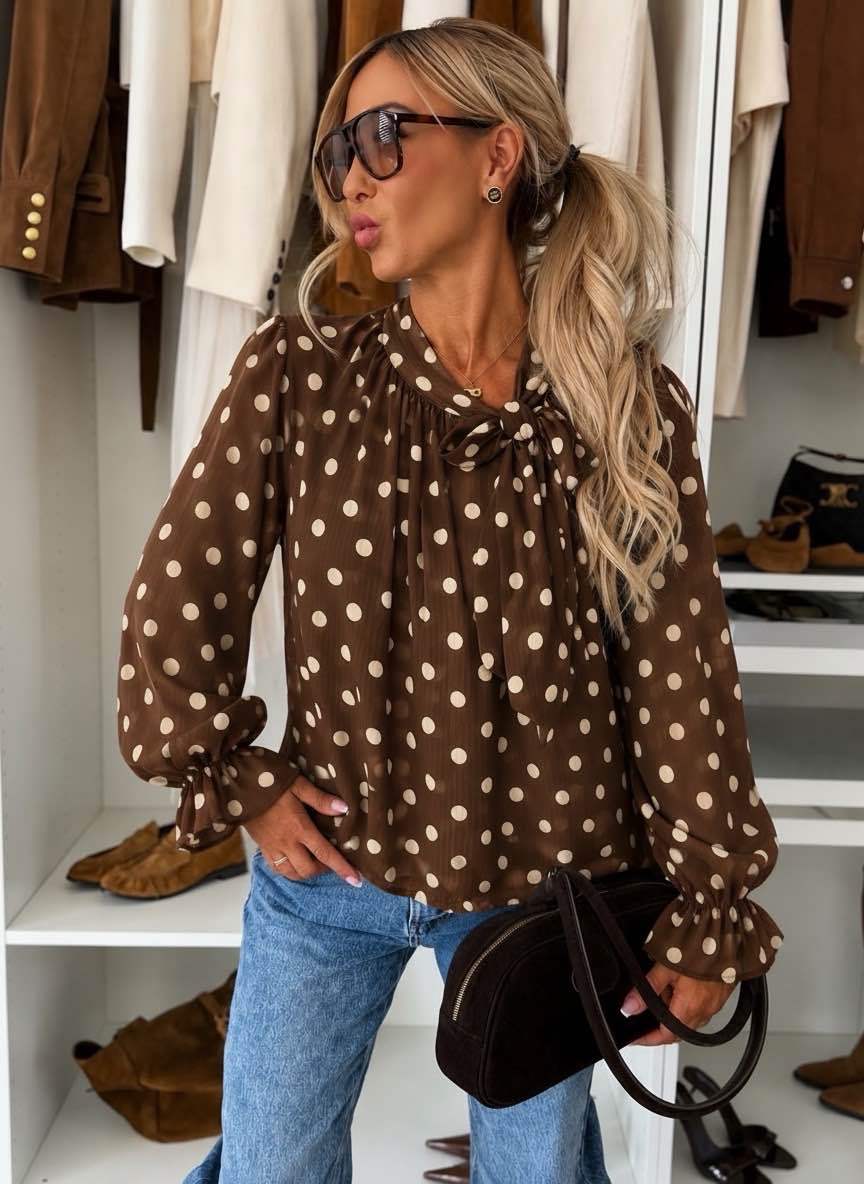 Blouse col noué imprimé manches volantées