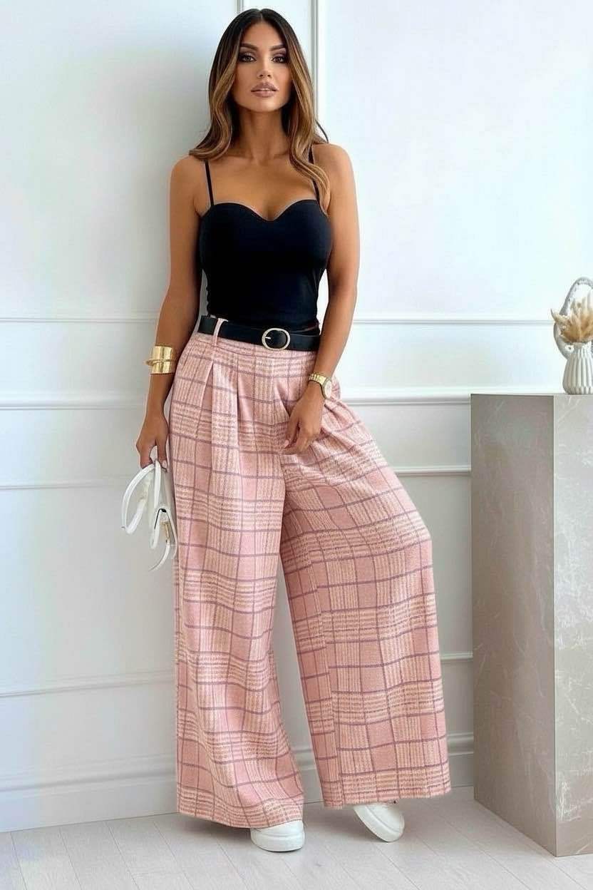 Pantalon magique  fluide à carreaux  du 36 au 50(taille unique) avec ceinture 95% POLYESTER 5% ELASTHANE plusieurs coloris