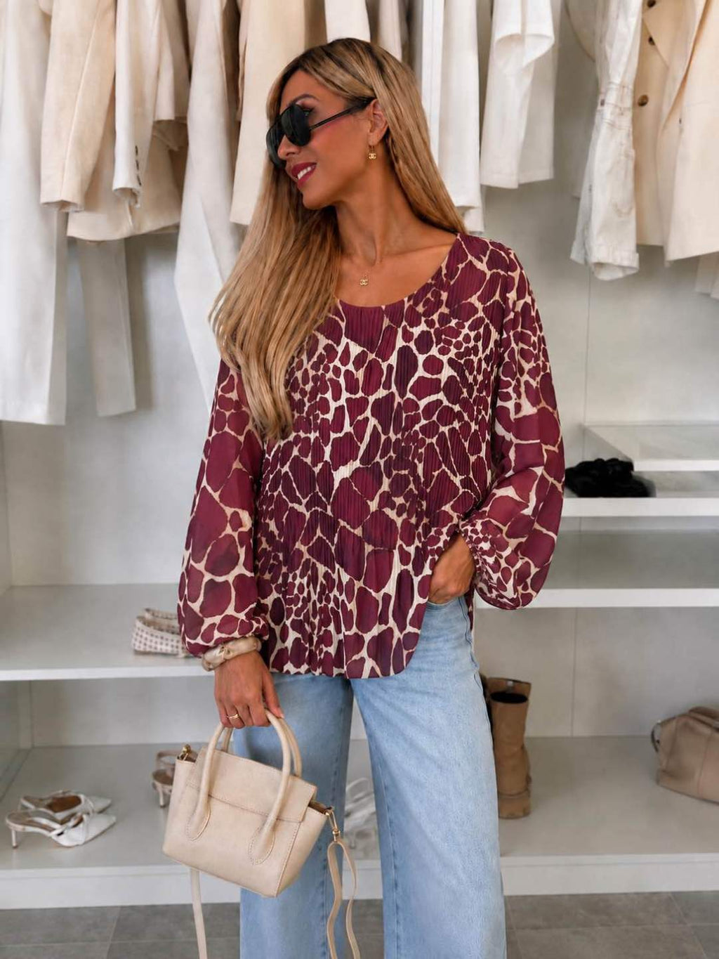 Blouse plissée oversize imprimée   – Fluide & élégante Doublure Viscose
