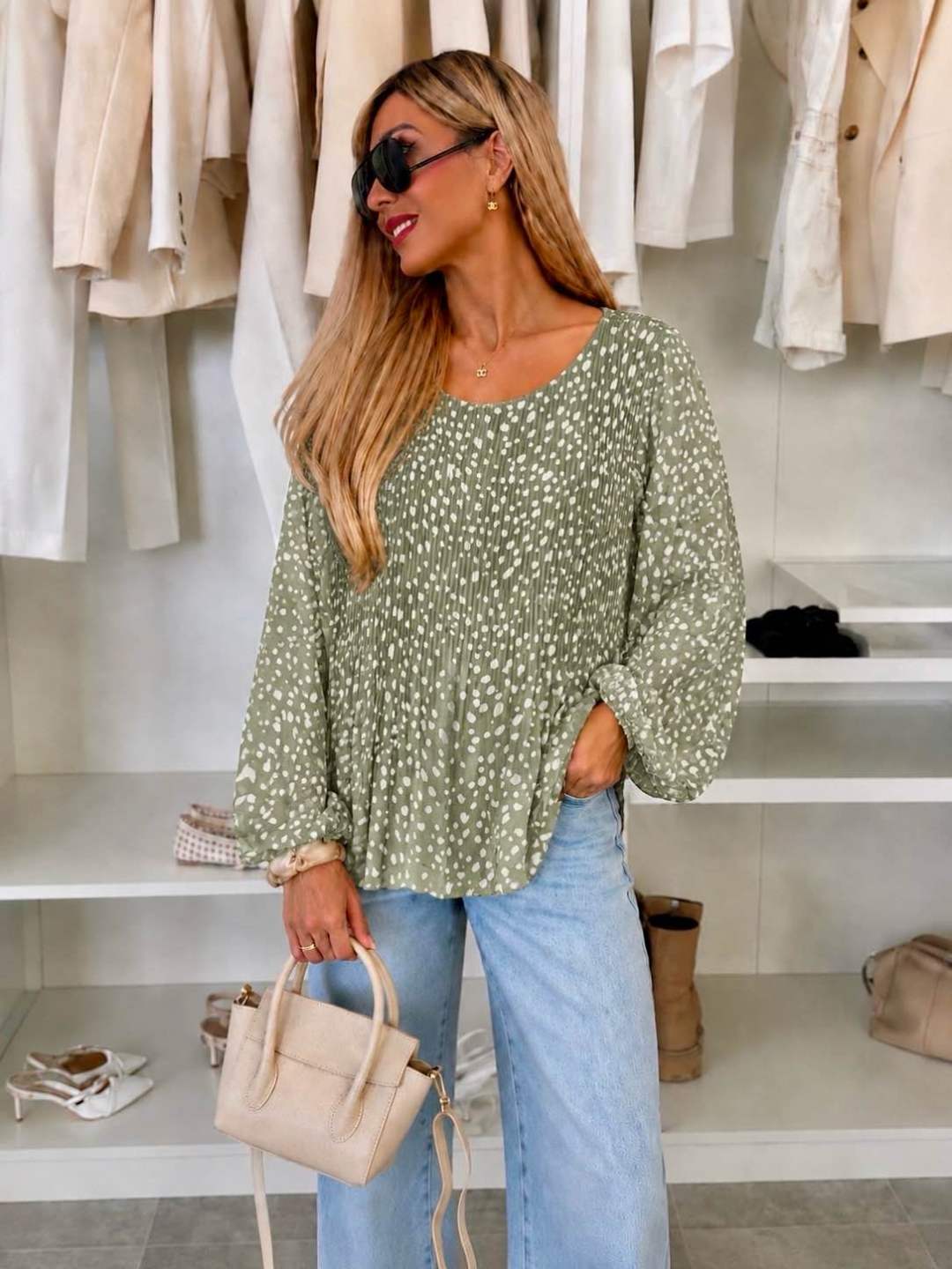 Blouse plissée oversize imprimée Biche  – Fluide & élégante Doublure Viscose