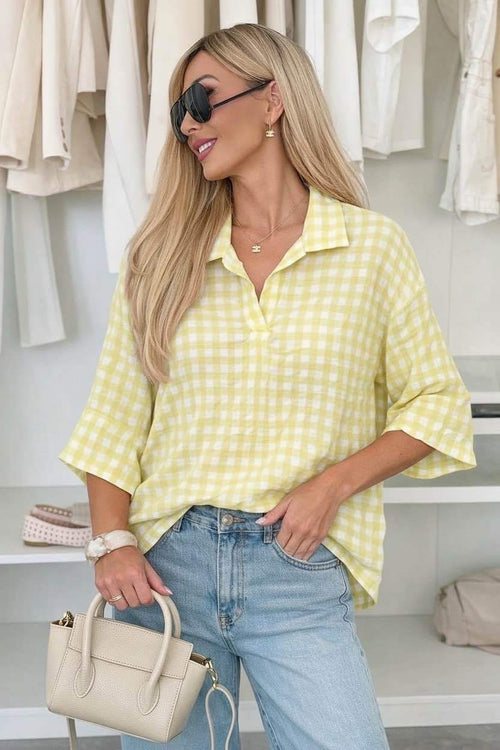 Blouse carreaux col chemise coupe ample manches 3/4