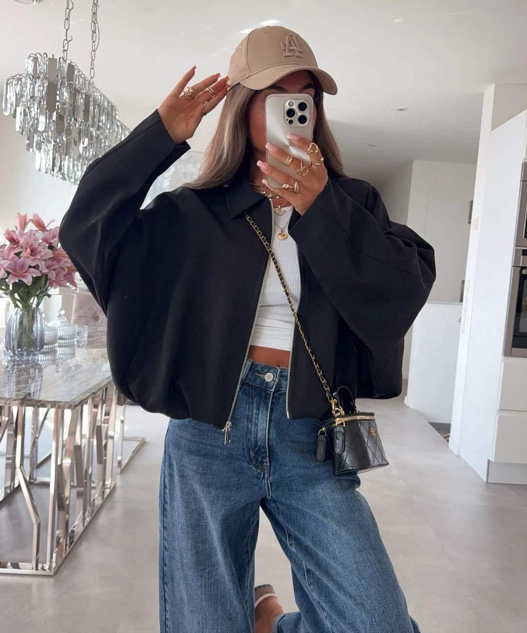 Veste courte zippée col chemise à bas élastiqué effet ballon