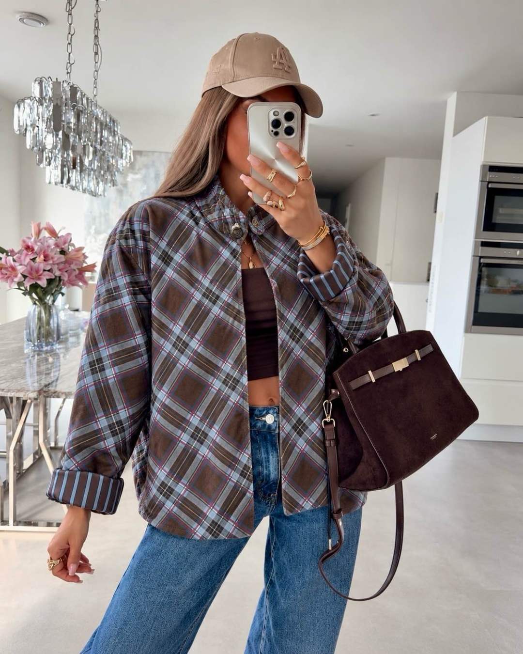 Veste  en velours à carreaux et revers rayés